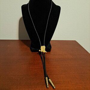 Leather 35" Bolo Tie With Gold Boots With Cubic Zirconia Embellishments